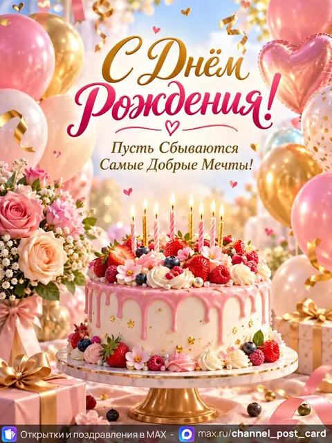 Открытка «С Днем Рождения - торт и шары»