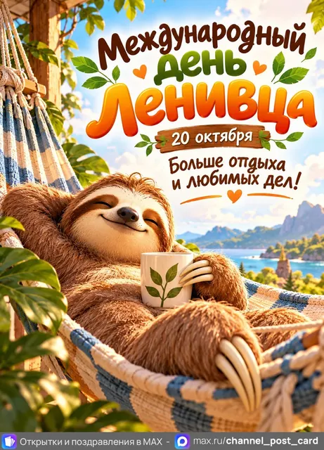 С Днём Ленивца — открытка «Международный день ленивца»